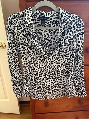 White House Black Market Black and White Leopard Print V neck  Shirt